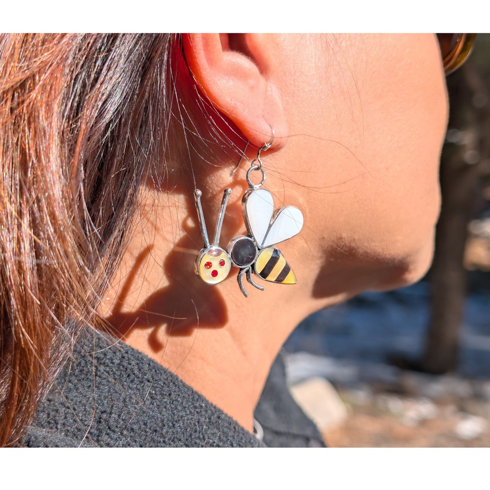 Handcrafted Zuni Inlay Large Bee Dangle Earrings Sterling Silver NA Jewelry*